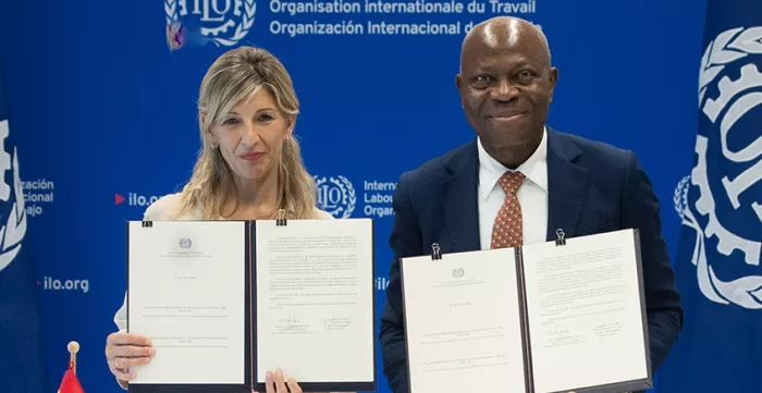 Ratification ceremony of Conventions Nos. 167 and 184 on 11 June 2024: Yolanda Díaz, Second Vice-President and Minister of Labour and Social Economy of Spain, and Gilbert F. Houngbo, Director-General of the ILO