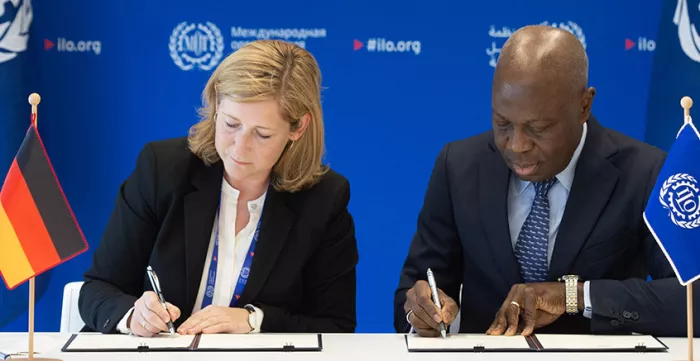 Ratification ceremony of Convention No. 184 on 12 June 2024: Ms. Lilian Tschan, Permanent State Secretary in the Federal Ministry of Labour and Social Affairs of Germany, and Gilbert F. Houngbo, Director-General of the ILO