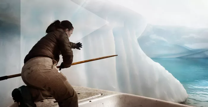 A woman navigates through the icy fjords of Greenland, reflecting on how climate change has challenged her livelihood and the environment.